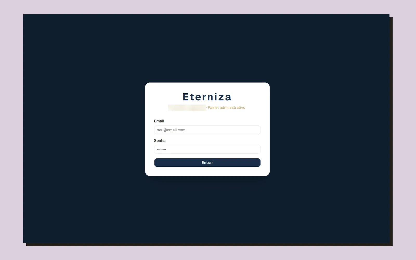 Tela de login do painel administrativo Eterniza