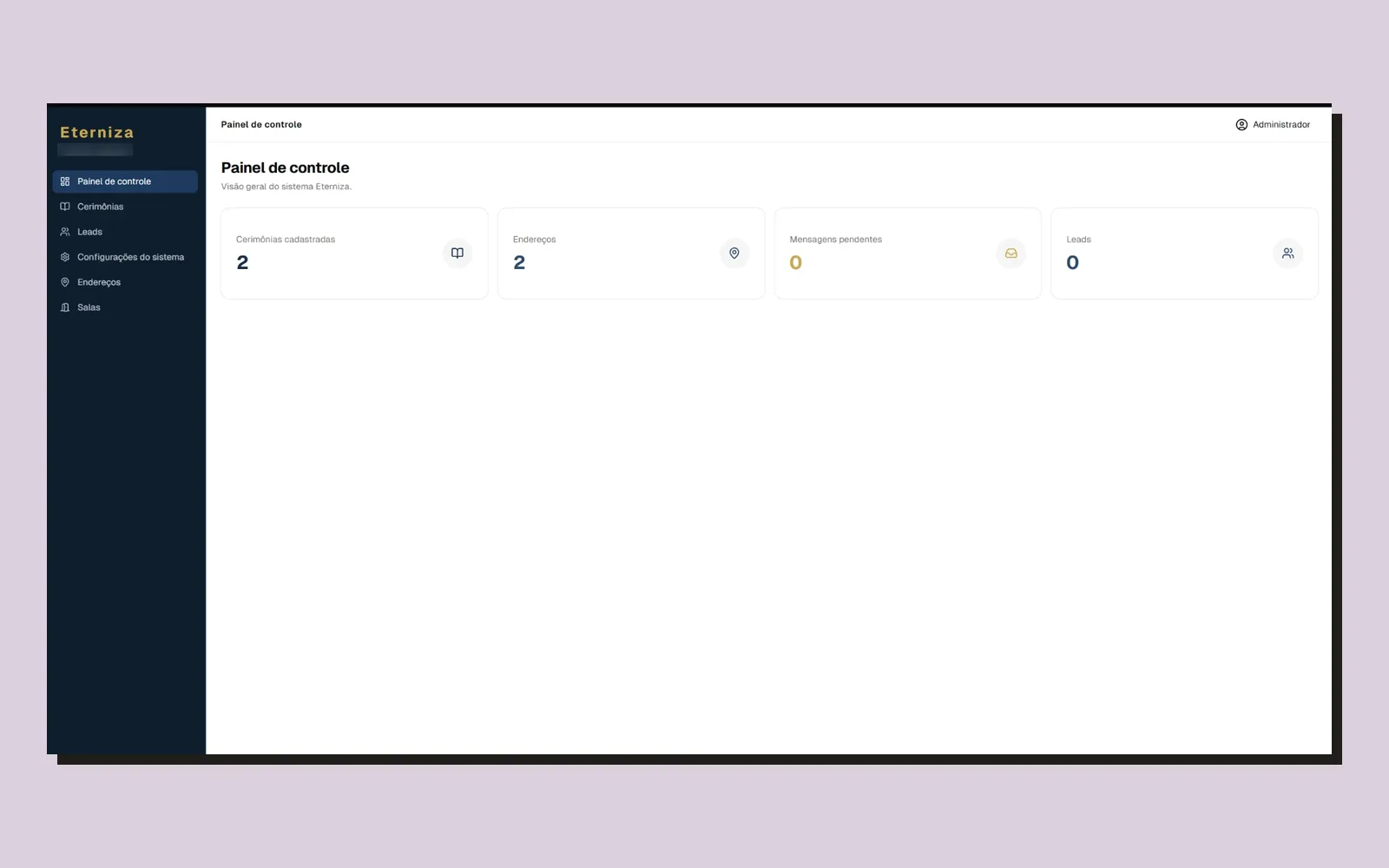 Painel de controle com totais de cerimônias, endereços, mensagens pendentes e leads