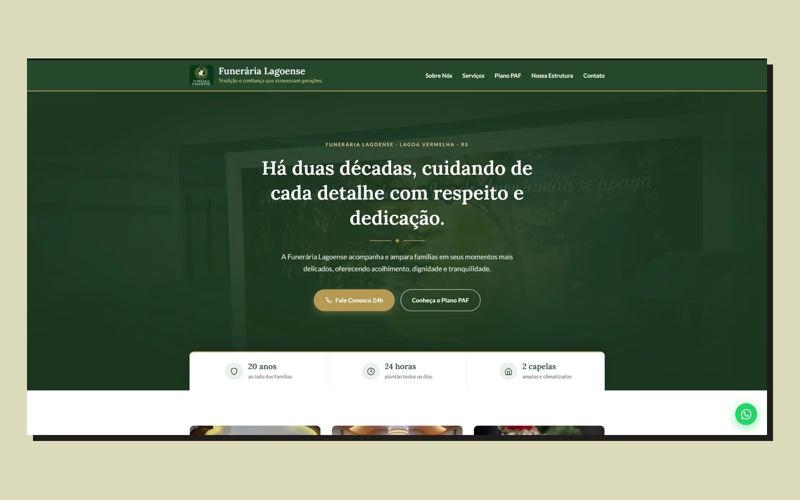 Página inicial do site da Funerária Lagoense: cabeçalho verde com o menu, título sobre as duas décadas de atuação, botões de contato 24h e do Plano PAF e destaques de 20 anos, plantão 24 horas e 2 capelas