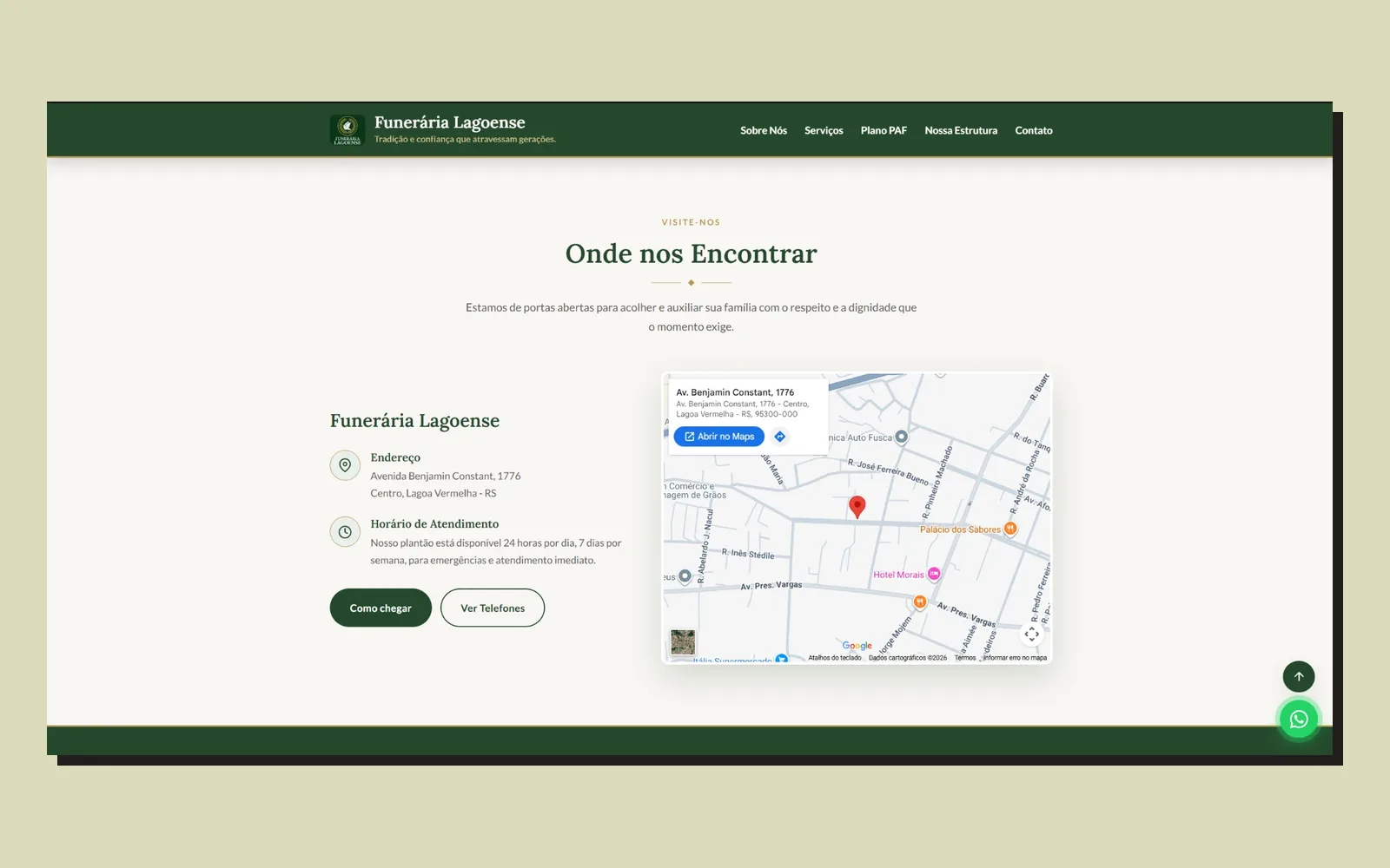 Seção Onde nos Encontrar, com endereço, horário de atendimento, botões Como chegar e Ver Telefones e o mapa do Google Maps