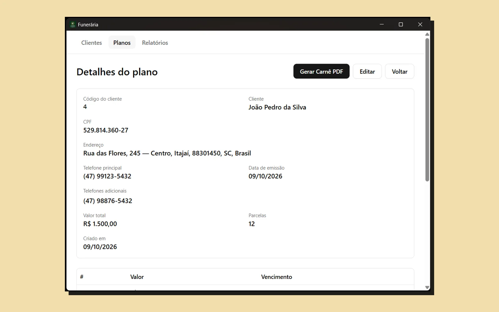 Detalhes de um plano de exemplo, com dados do cliente e o botão para gerar o carnê em PDF